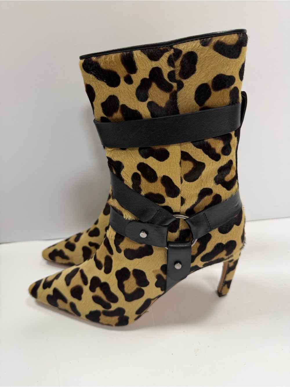 Leopard Print Pointed Mid-Calf Heeled Boots - Black & Tan